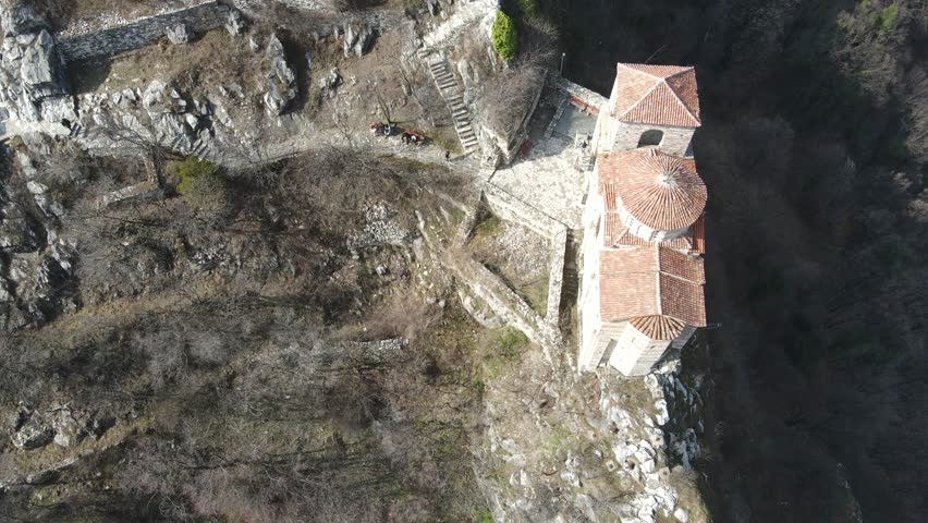 Aerial view of Church of the Holy Mother of God at ruins of Medieval Asen Fortress, Asenovgrad, Plovdiv Region, Bulgaria