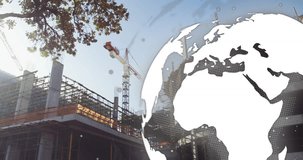 Animation of globe spinning with connections over construction site. Global business, finances, computing and data processing concept digitally generated video.
