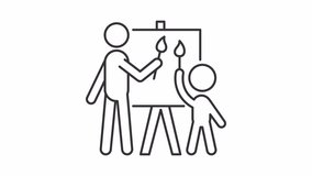 Painting with parent line animation. Father and son drawing together. Art therapy. Family bonding. Seamless loop HD video with alpha channel on transparent background. Animated outline icon