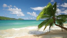 Tropical island with a paradise beach with yellow sand and coconut trees. Turquoise ocean near the sandy coast on a sunny summer day. Summer holidays and tropical beach concept. - Powered by Shutterstock - Get 15% off with code: PIKWIZARD15
