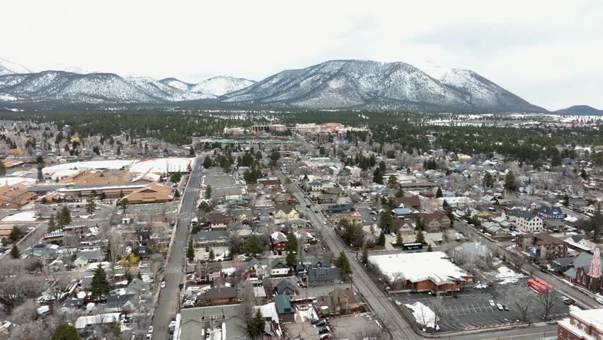 Aerial view of downtown Flagstaff, AZ with the Humphrey