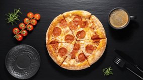  Fresh and hot Pizza pepperoni. Stop motion animation