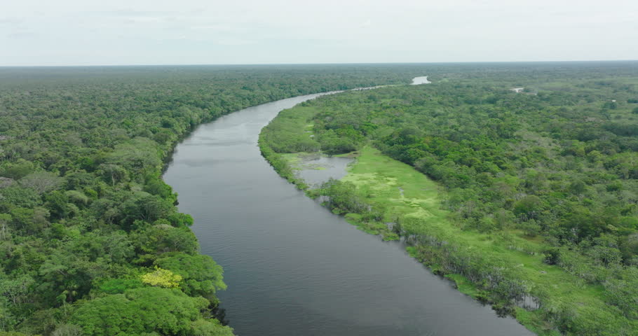 Aerial Upward Shot Of Amazon River Amidst Green Landscape Against Sky - Peruvian Amazonia, Peru Royalty-Free Stock Footage #1102307453