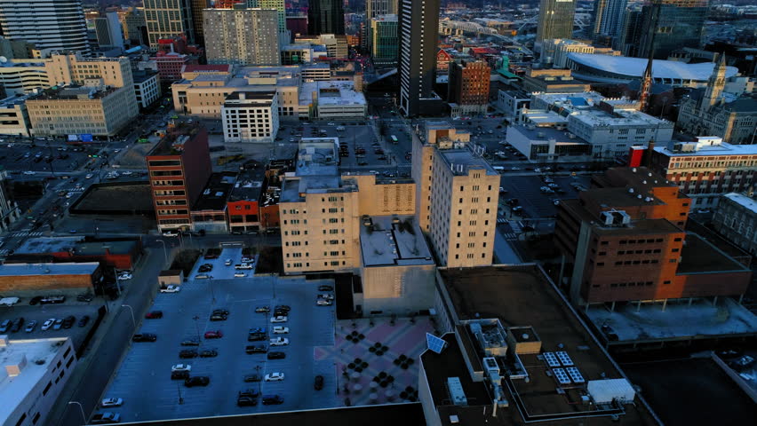 Aerial Tilt Up Panning Shot Of Modern Tall Buildings While Cars Moving On Roads In City - Nashville, Tennessee