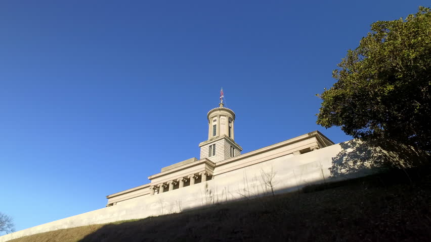 Point Of View Low Angle Shot Of Tennessee State Capitol Against Clear Sky - Nashville, Tennessee