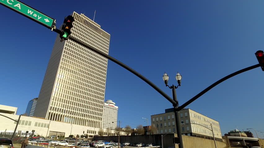 Point Of View Parking Lot Outside Modern Building In Downtown Against Clear Sky On Sunny Day - Nashville, Tennessee