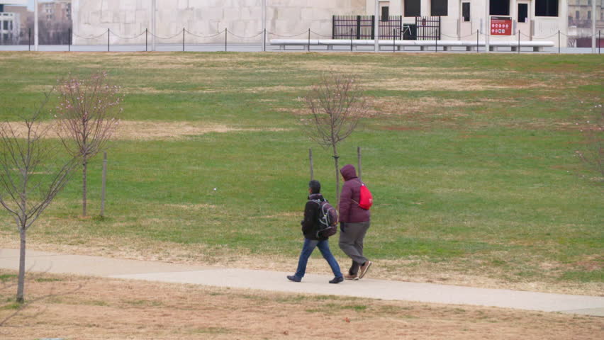 Slow Motion Lockdown Shot Of Friends Walking Together In Park During Winter - Washington, District of Columbia