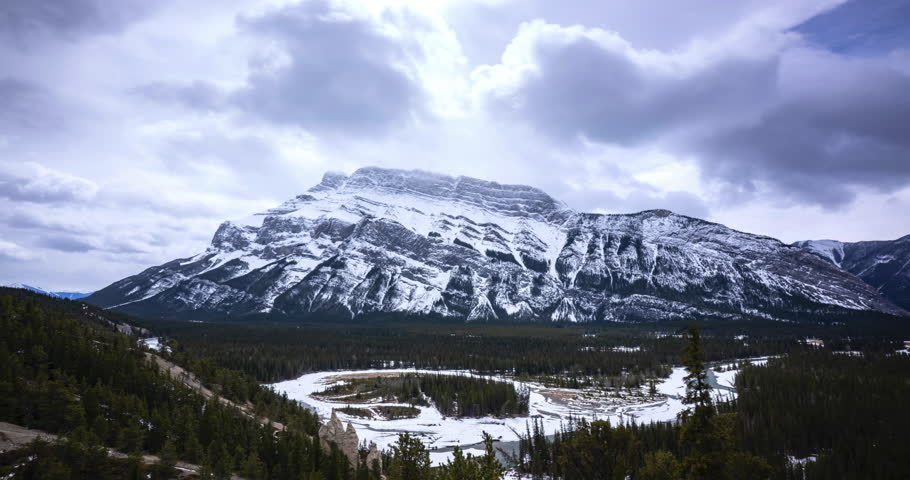Timelapse Lockdown Of Clouds Passing Over Tunnel Mountain - Banff, Alberta
