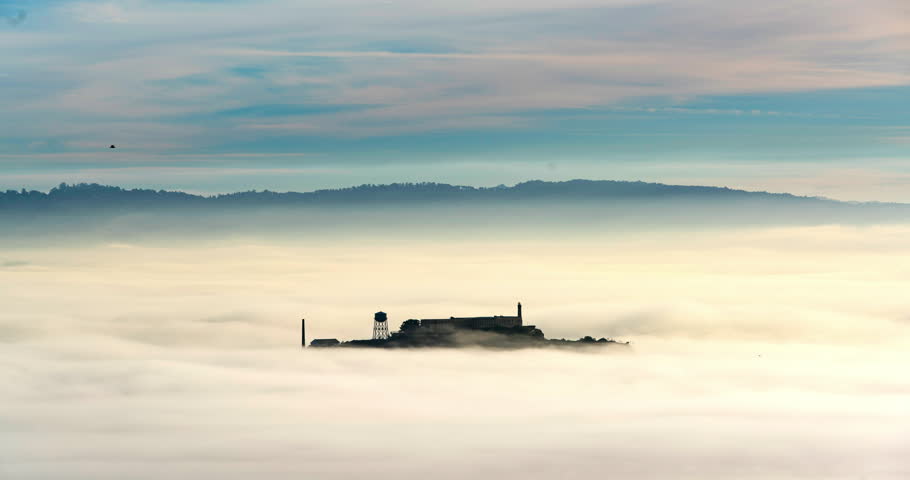 Timelapse Lockdown Of Thick Fog Engulfing Alcatraz Island And Bay - San Francisco, California