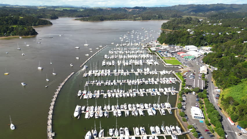 Bay of Islands Marina - Picturesque Harbor On The Kawakawa River In Paihia, New Zealand. aerial pullback