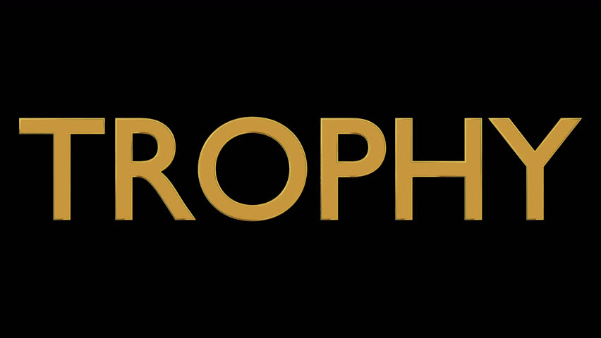 Animated rotating three dimensional golden text or word Trophy - v2. Transparent background, loop able and isolated.