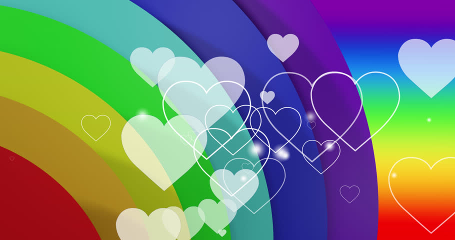 Animation of hearts over rainbow background. Pride month, lgbtq, human rights and equality concept digitally generated video.