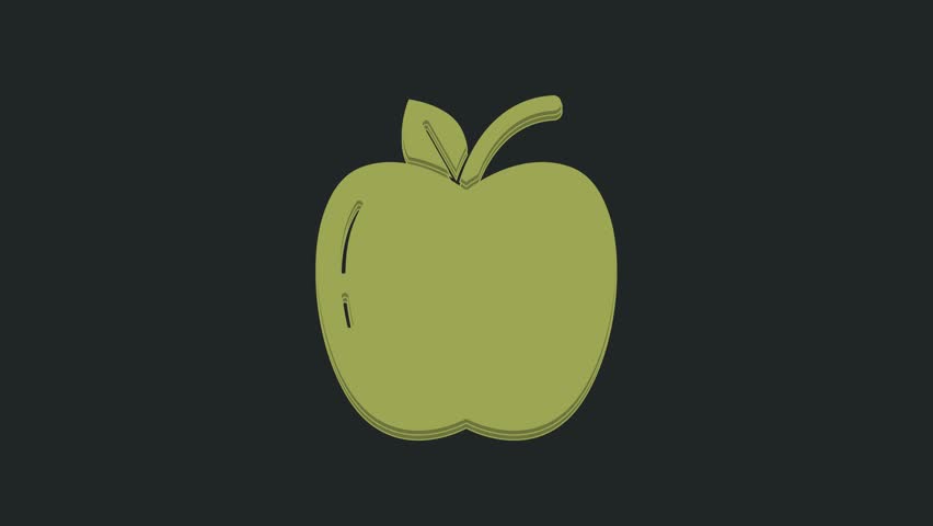 Green Apple icon isolated on black background. Fruit with leaf symbol. 4K Video motion graphic animation.