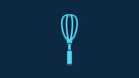 Blue Kitchen whisk icon isolated on blue background. Cooking utensil, egg beater. Cutlery sign. Food mix symbol. 4K Video motion graphic animation.