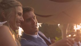 LJUBLJANA, SLOVENIA, APRIL 2023: LENS FLARE, CLOSE UP: Happy newlyweds with raised glasses of sparkling champagne. Golden sunbeams shine through champagne glasses while toasting at wedding reception. - Powered by Shutterstock - Get 15% off with code: PIKWIZARD15