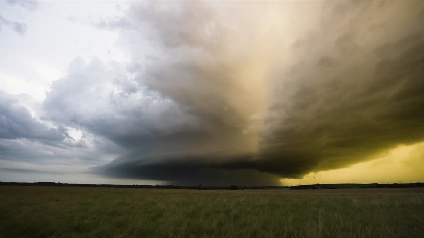 A beautiful supercell thunderstorm slowly spins away as it approaches in the fading evening light. Royalty-Free Stock Footage #1102328035