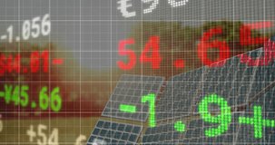Animation of graphs over solar panels and trading board against sun and trees in background. Digital composite, multiple exposure, report, business, stock market, green and sustainable energy concept. - Powered by Shutterstock - Get 15% off with code: PIKWIZARD15