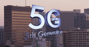 Animation of 5g 5th generation text over cityscape. Global networks, communication, computing and data processing concept digitally generated video.