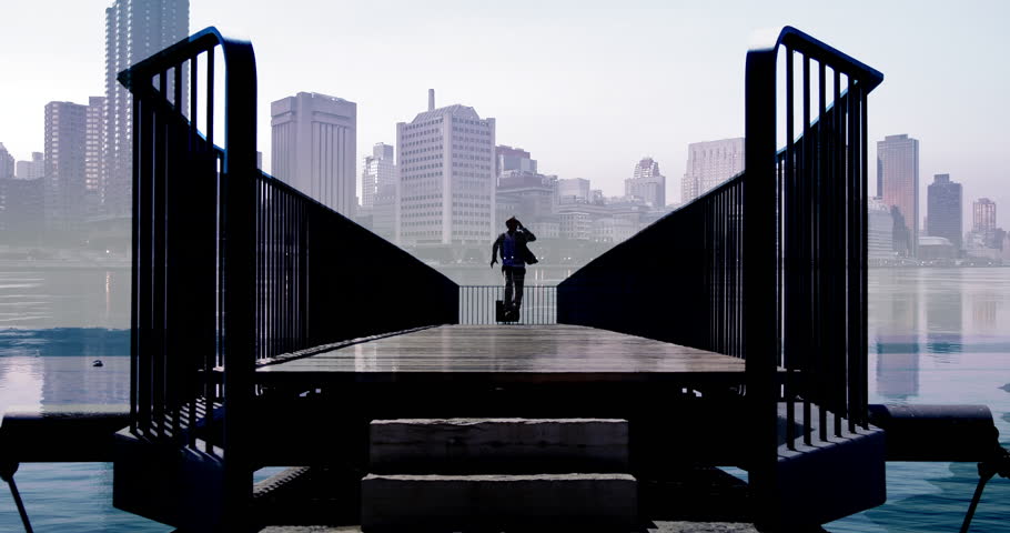 One Man in Vintage Style Walking on Urban Bridge Road in Surreal Unreal World Background - Overlay Blending Effect - Multi Exposure Effect - Male Person Wearing A Hat And Suit