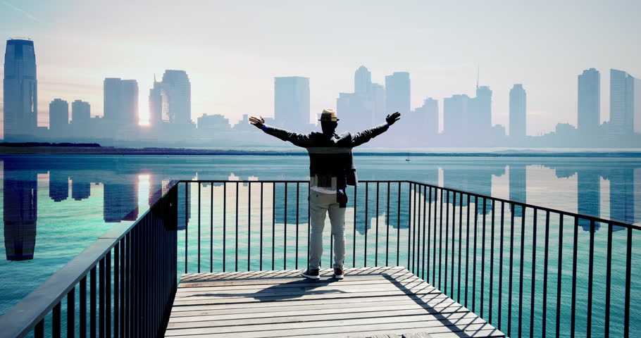 One Man in Vintage Style Walking on Urban Bridge Road in Surreal Unreal World Background - Overlay Blending Effect - Multi Exposure Effect - Male Person Wearing A Hat And Suit