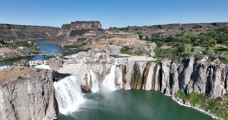 Aerial shot of big waterfall in Idaho canyon