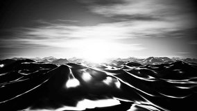 Unusual black and white sunset over ocean waves 3D animation. Low-angle water surface point of view