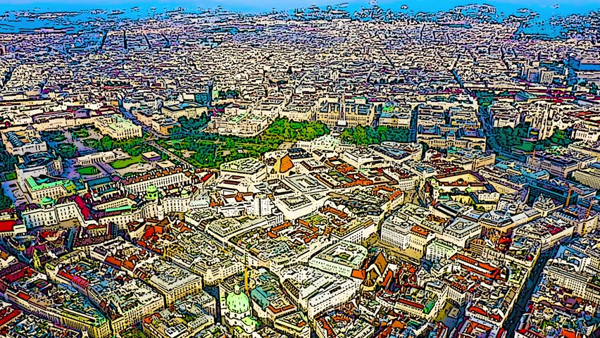 Vienna, Austria. Aerial flight over the historic city center reveals St. Stephen