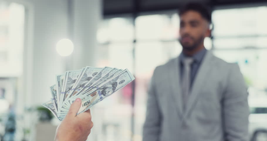 Stop bribery, cash and man with warning, fraud and business deal exchange in workplace. Male employee, money and worker with hand gesture, payment and ethics with financial crime, scam and rejection Royalty-Free Stock Footage #1102344135
