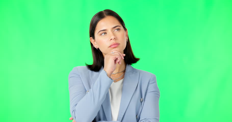 Thinking, business and woman on green screen for ideas, questions and brainstorming. Female model, serious worker and daydream of solution, decision and planning memory, choice and visionary mindset Royalty-Free Stock Footage #1102344777