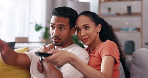 Watching tv, remote and relax home couple watch content video, streaming subscription movie and bonding. Love, cozy and happy romantic woman, Asian man or people talking about television show on sofa