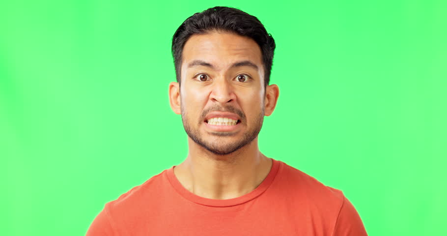 Shout, face and male in a studio with green screen with a yelling or angry face expression. Scream, angry and portrait of an annoyed Indian man model screaming isolated by a chroma key background. Royalty-Free Stock Footage #1102345699