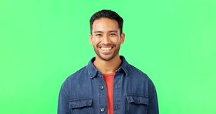 Man, laughing and portrait on green screen in studio with space for comic joke and funny emoji. Face of asian male model person laugh for happiness or positive mindset on chroma key background