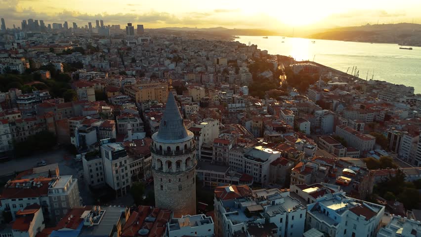 Aerial view of Galata Tower and The Sunrise Over Istanbul