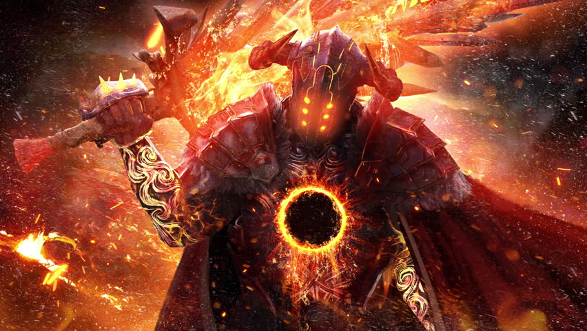 fire demon in heavy plate armor with a huge lava sword consisting of a dozen fused blades, he is a knight of Armageddon, soulless hollow slave, with darkness in his heart. clean looped 2d animated art Royalty-Free Stock Footage #1102347623