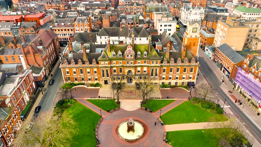Aerial footage of Leicester market in Leicester, a city in England’s East Midlands region, UK