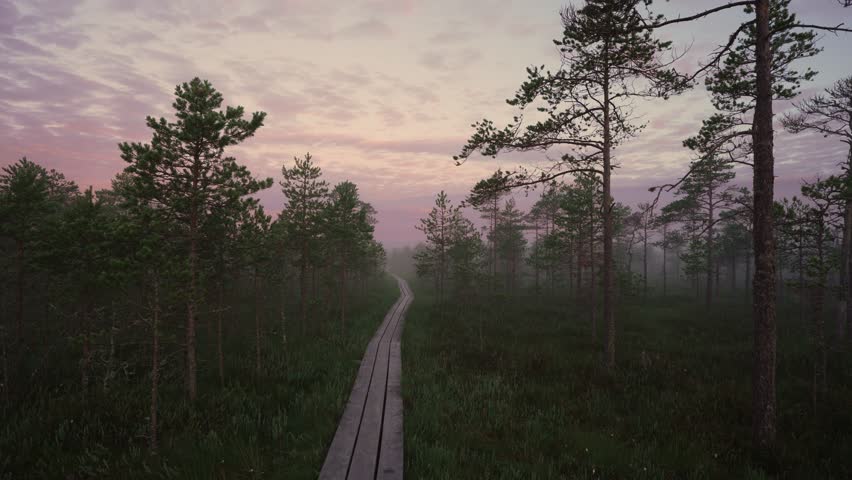 Beautiful Early Mornig Bog Hiking Trail Next To The Trees In Summer At Sunrise