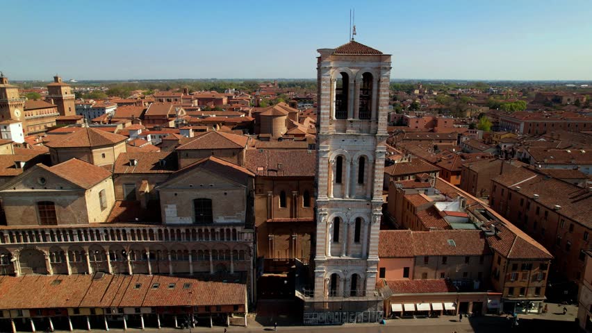 Landmarks of Italy - beautiful medieval town Ferrara in Emilia Romagna. aerial drone overflight of historic center with view of castle and duomo