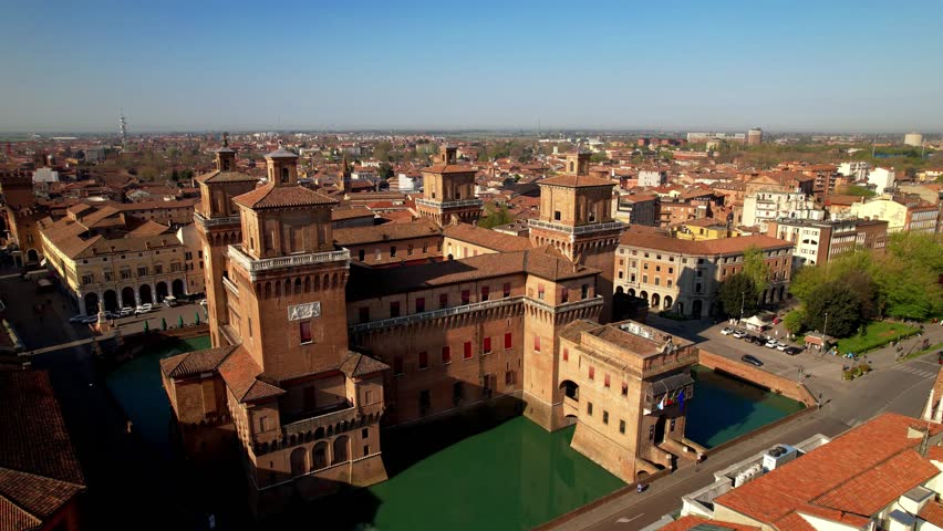  Ferrara - beautiful medieval town in Emilia Romagna Italy. aerial drone video of castle Estense in hostoric center