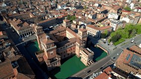  Ferrara - beautiful medieval town in Emilia Romagna Italy. aerial drone video of castle Estense in hostoric center