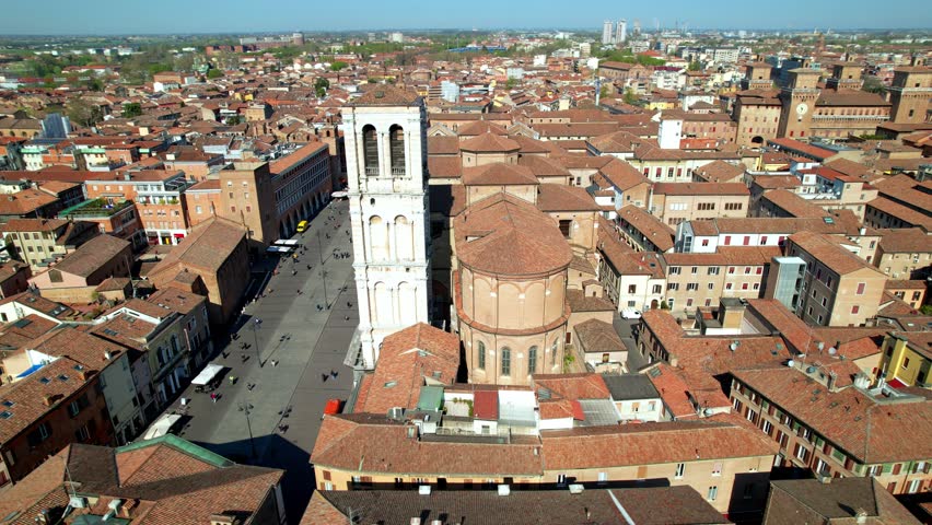 Landmarks of Italy - beautiful medieval town Ferrara in Emilia Romagna. aerial drone overflight of historic center with view of castle and duomo