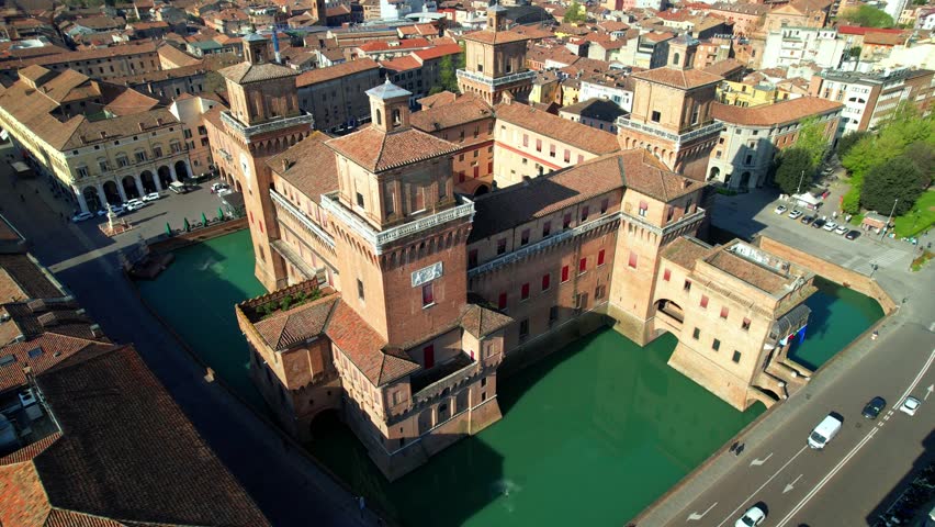  Ferrara - beautiful medieval town in Emilia Romagna Italy. aerial drone video of castle Estense in hostoric center