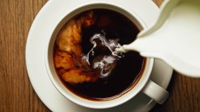 Cup of Hot Coffee with Milk for Breakfast Indoors Close-up. Creamy Beverage in Porcelain Mug in Morning Menu of Modern cafe. Advertising of Coffeeshop with Instant Dairy Drink or Drip Filter Caffeine - Powered by Shutterstock - Get 15% off with code: PIKWIZARD15