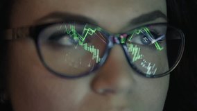 A close-up of a woman's glasses showing market and trading charts. Businesswoman looking at cryptocurrency and bitcoin analytics near the monitor. High quality 4k footage - Powered by Shutterstock - Get 15% off with code: PIKWIZARD15