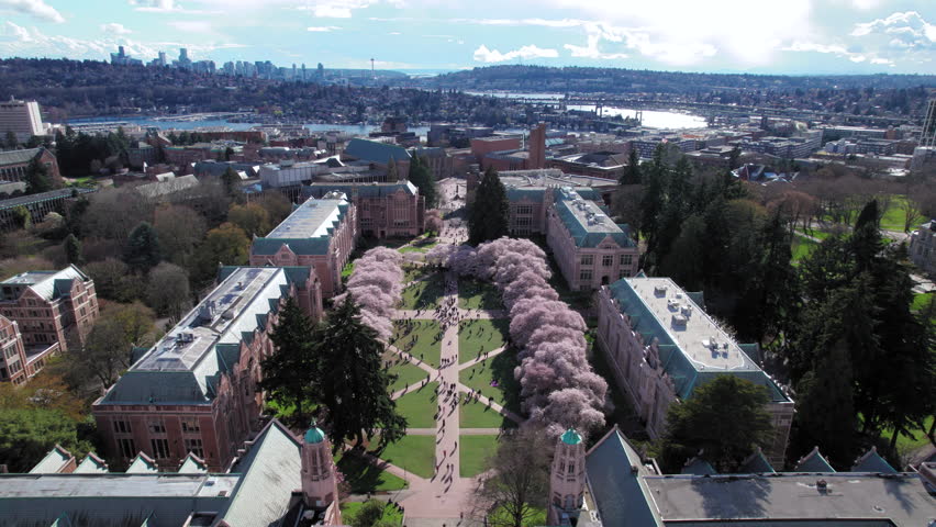 Aerial Transition from Cityscape to Students on College Campus Royalty-Free Stock Footage #1102360195