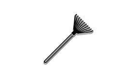 Black Garden rake for leaves icon isolated on white background. Tool for horticulture, agriculture, farming. Ground cultivator. 4K Video motion graphic animation.