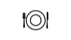 Black Plate, fork and knife icon isolated on white background. Cutlery symbol. Restaurant sign. 4K Video motion graphic animation.