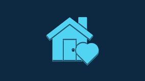 Blue House with heart shape icon isolated on blue background. Love home symbol. Family, real estate and realty. 4K Video motion graphic animation.