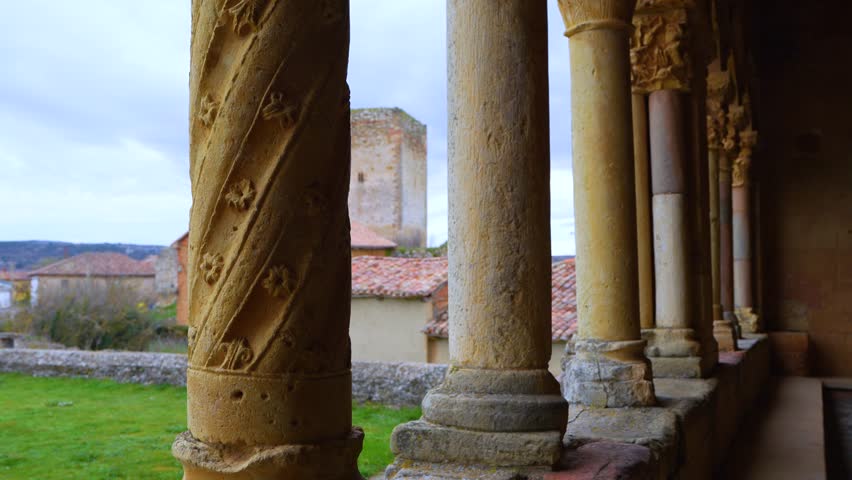 Romanesque gallery of the Church of San Julián and Santa Basilisa in the town of Rebolledo de la Torre. Las Loras Geopark. Burgos. Castile and Leon. Spain, Europe