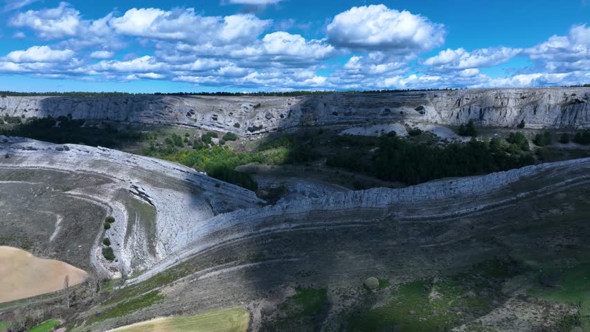 Strata, folds and faults in the surroundings of the hanging Syncline of Peña Castillo in Ordejon de Arriba. Las Loras Geopark. Burgos. Castile and Leon. Spain, Europe