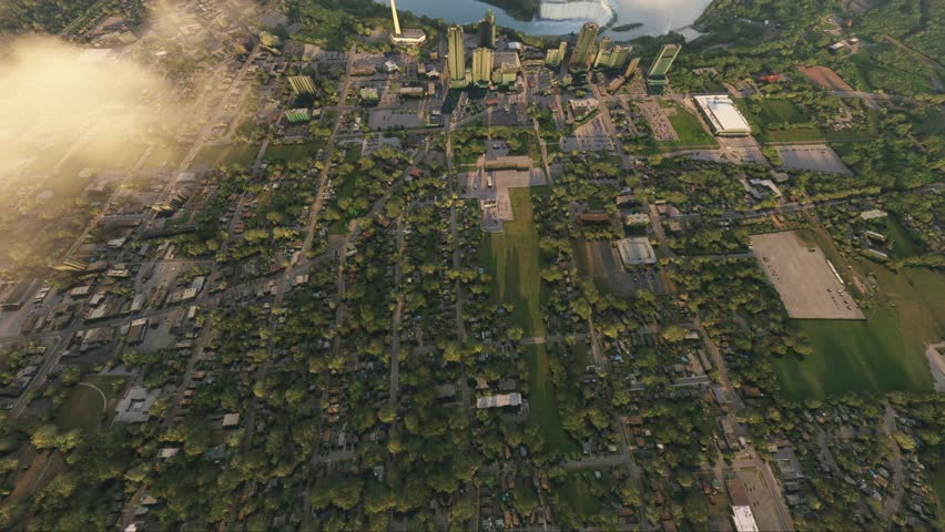 3D - Overhead Sunset Aerial Shot of Niagara Falls  Skylon Tower; Ontario. Canada